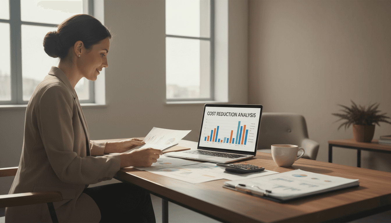 Small business owner reviewing cost-saving analysis on laptop and documents