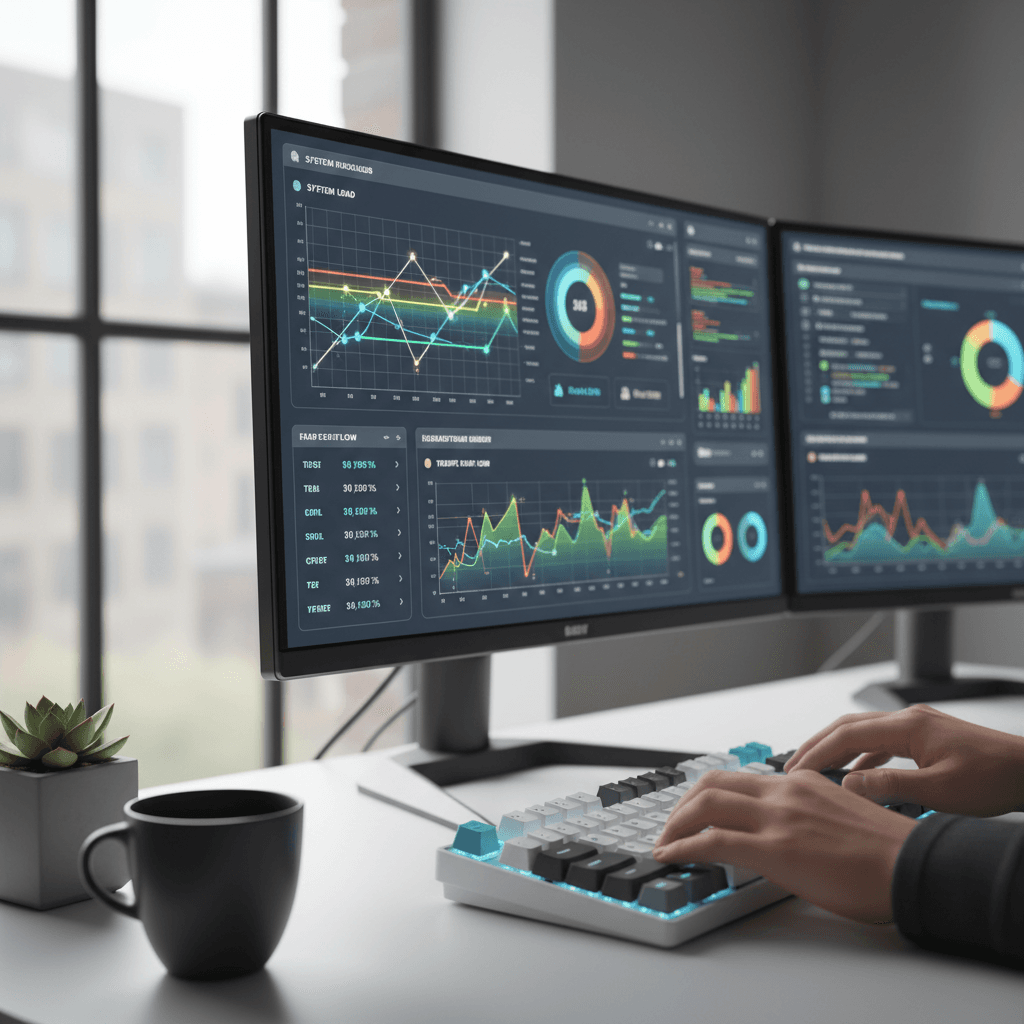 Multiple computer monitors displaying various software and applications in business workspace