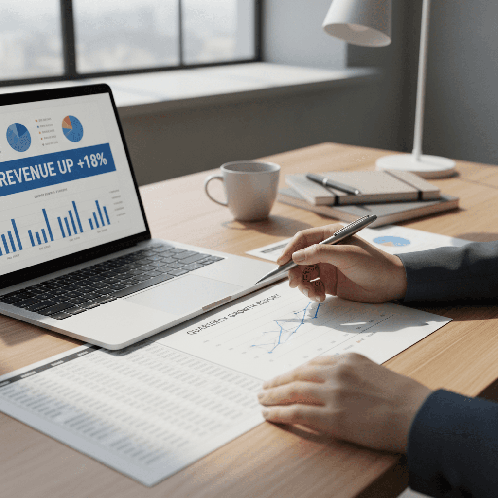 Small business owner reviewing expense reports and cost analysis documents at desk