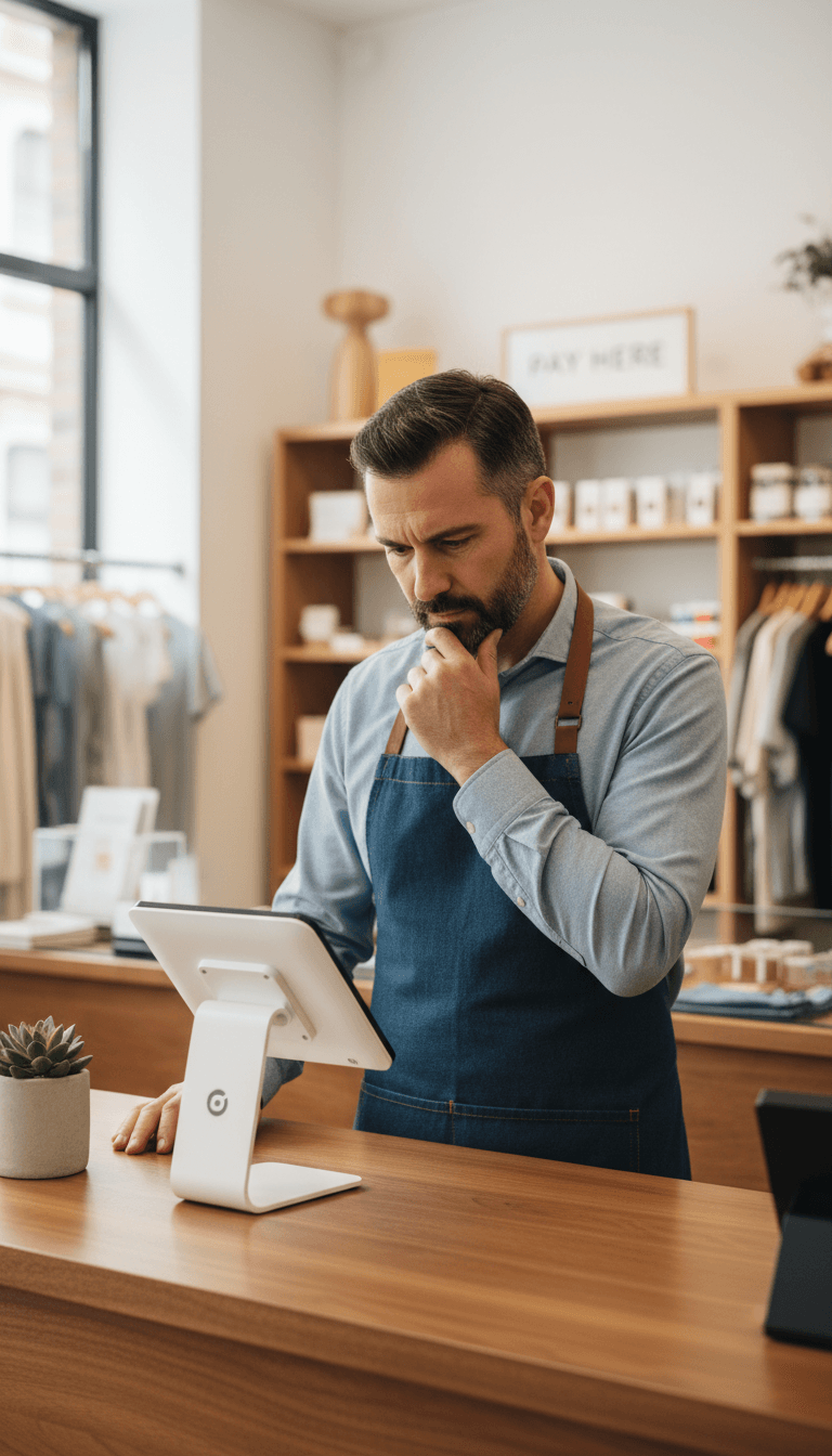 Retail shop owner examining card payment terminal at checkout counter in natural daylight