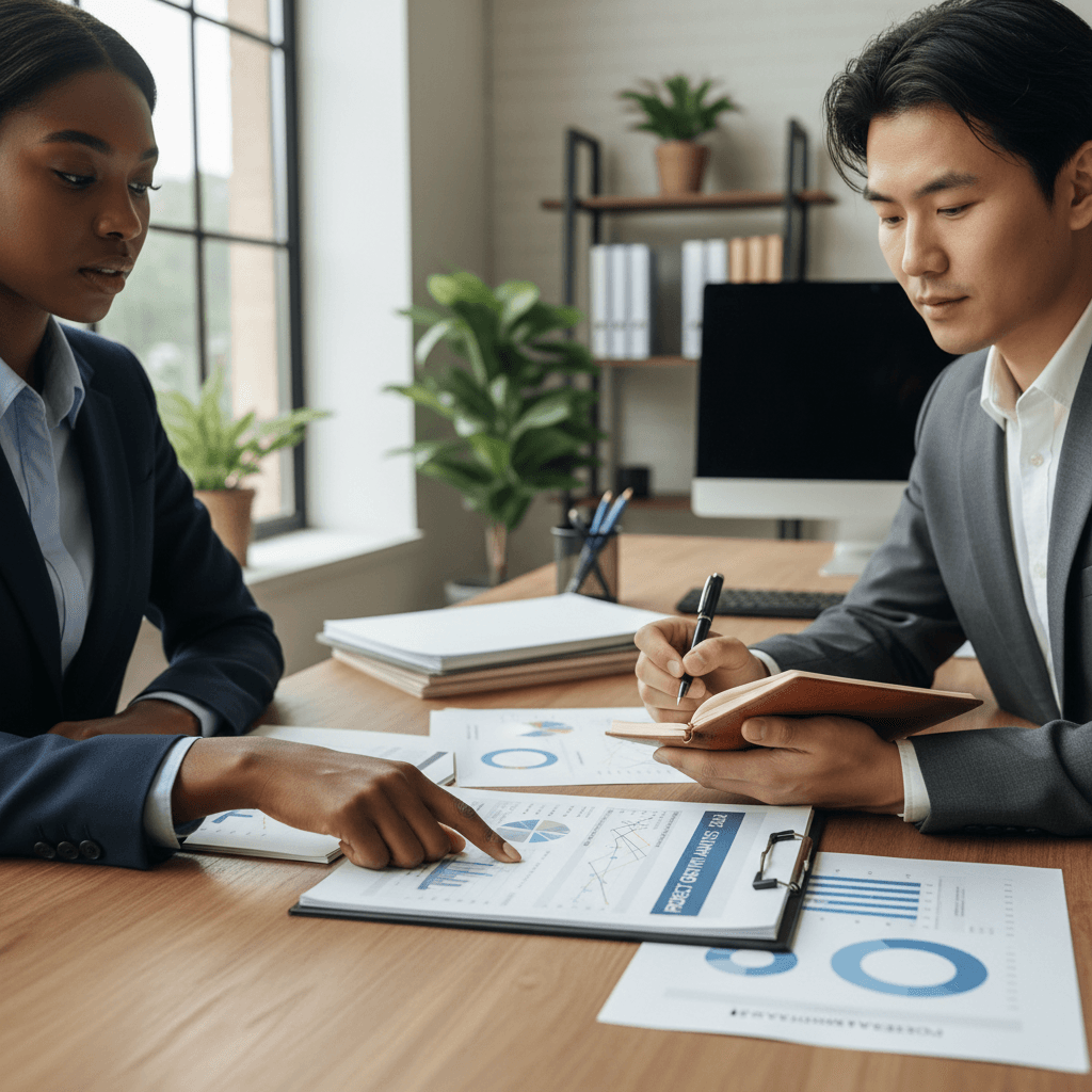 Small business owner and cost consultant reviewing financial documents together at a desk