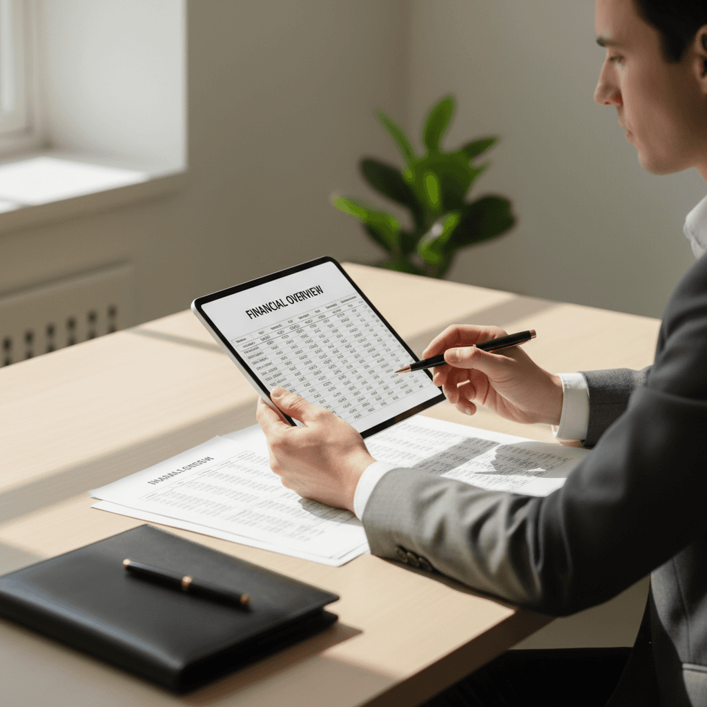 Small business owner reviewing payment processing statements at desk