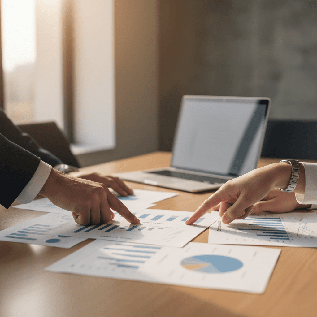 Business consultant and owner reviewing insurance policy documents