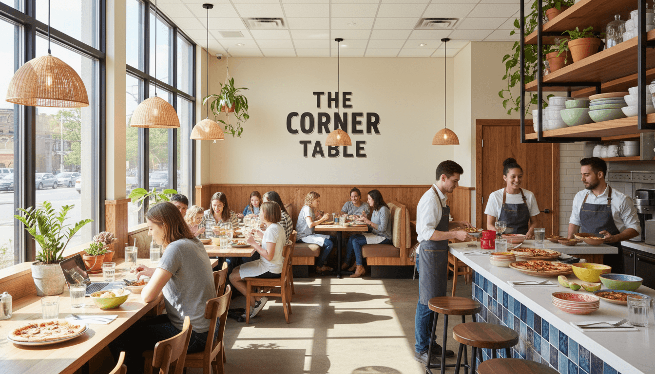 Busy restaurant dining room with diverse customers enjoying meals at tables during lunch service with warm natural lighting