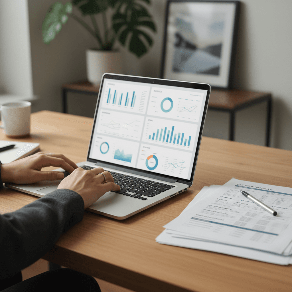 Business owner reviewing payroll documentation and spreadsheets