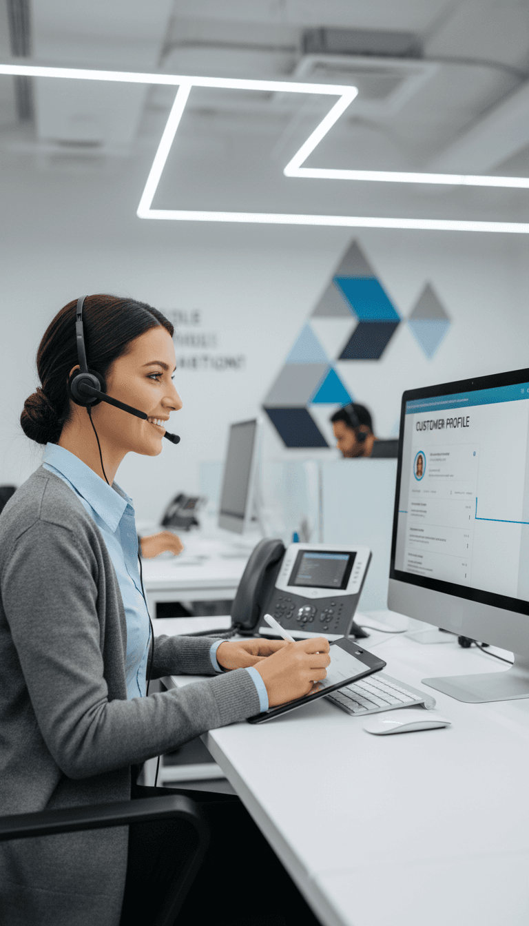 Customer service representative wearing headset taking call notes at desk in professional office environment